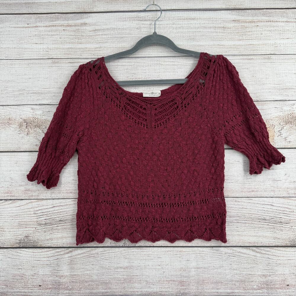 Natural Life Loose Knit Crop Sweater Womens Medium Maroon Cotton Rayon